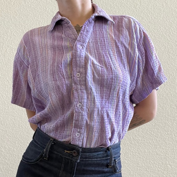 Women’s woolrich boxy textured Purple Pastel Striped button up down Top - Picture 1 of 5